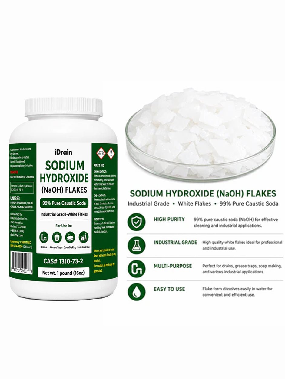 iDrain Sodium Hydroxide (NaOH) Lye Flakes 99% Pure – Industrial Strength Caustic Soda Drain Opener & Multi-Purpose Cleaner – 1 lb - Pack Selection Available