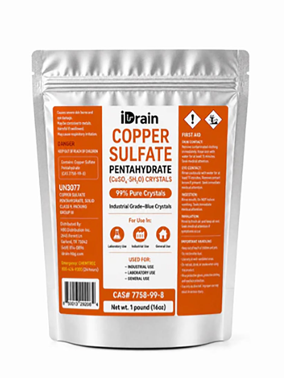 iDrain Copper Sulfate Crystals – Industrial Grade Copper Sulfate Pentahydrate – Root Killer, Algae Control &amp; Multi-Purpose Industrial Applications – 1 lb - Pack Selection Available